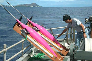 man on boat with two pink aumated divers