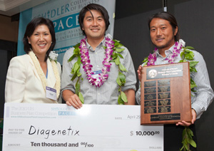 three people holding large check